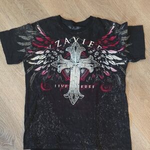 Graphic Tee with Cross and Wings Design